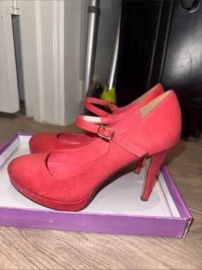 Delicious Coral Pink Suede Mary Jane Heels
